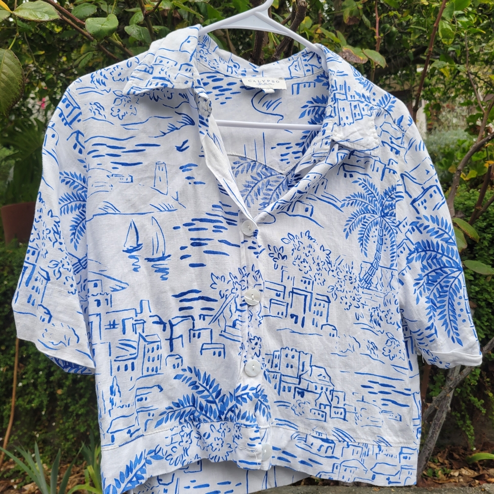 Linen Blend Calypso St. Barth Blue and White Printed Top